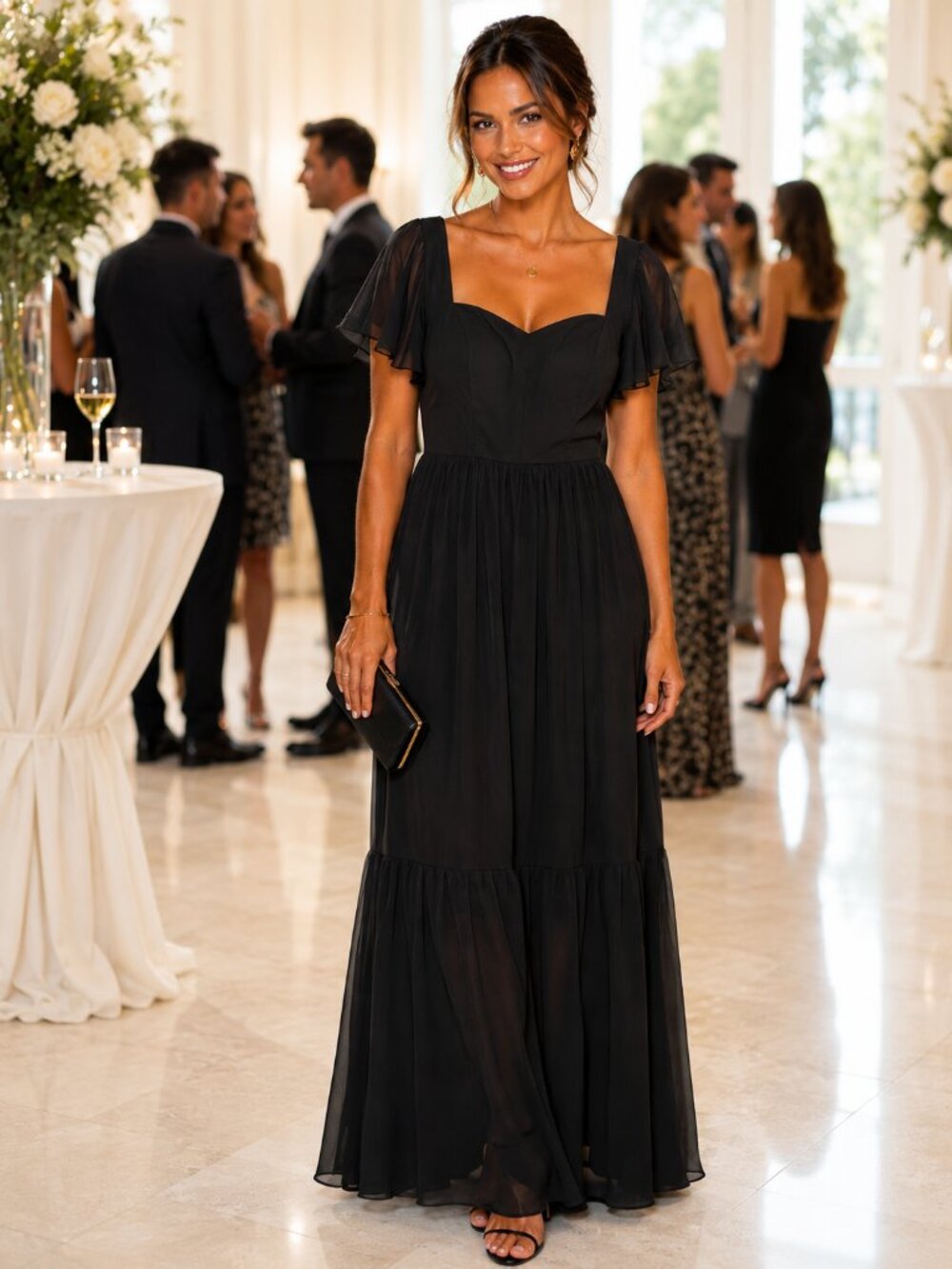 Black Flutter-Sleeve Maxi Dress - Elegant Evening Wear